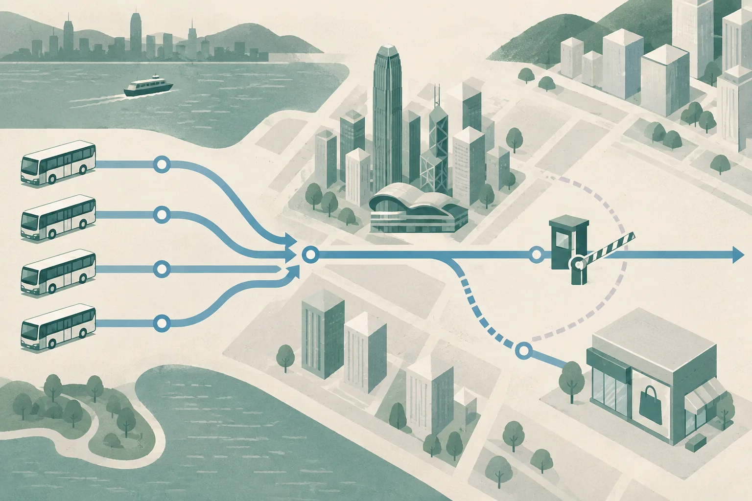 Top-down cut-paper diagram of orderly tour routes moving through a simplified Hong Kong city block, with one route branch interrupted near a generic shopping frontage by a regulatory inspection boundary.