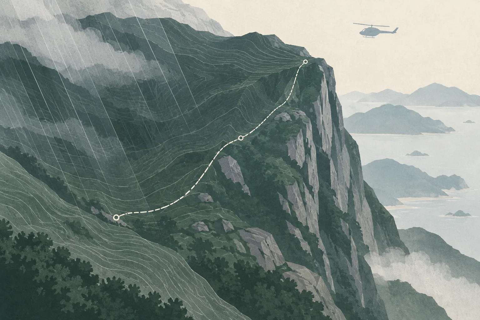 Top-down editorial illustration of a steep rocky slope and cliff edge marked by contour shapes, a secured rope route, a distant helicopter and muted diagonal rain bands.