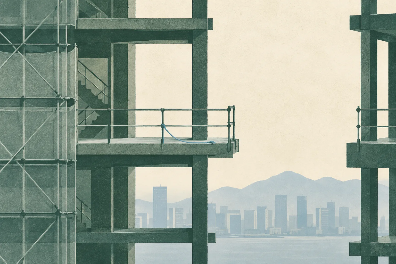A quiet cut-paper illustration of an empty construction scaffold and unfinished building frame, with an interrupted safety line resting on a vacant platform and a large open space suggesting an unresolved investigation.