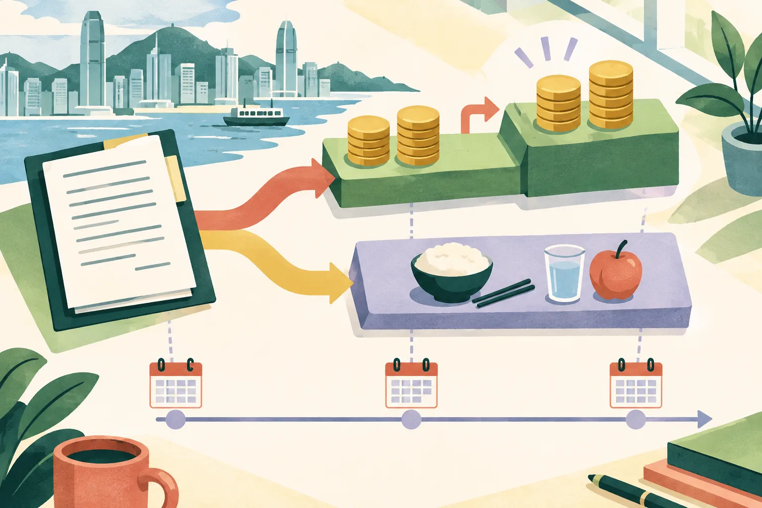 Top-down cut-paper diagram of an employment contract pathway, with a stepped monthly wage track from HK$5,100 to HK$5,220, a separate level meal allowance track at HK$1,236, and a date rail marking October 2, October 3, and October 30.