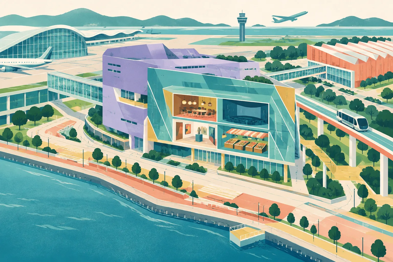 A cut-paper architectural collage shows a large purple commercial building being overlaid with new teal and ochre forms, linked to an airport terminal, exhibition hall, waterfront promenade and abstract transport routes. Unlabelled interior modules suggest possible dining, entertainment and cultural