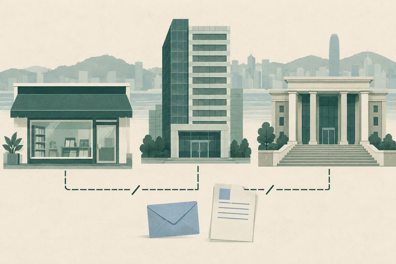 A flat collage of a generic board-game shop, a media office building and a magistrates’ court linked by an interrupted line, with a closed envelope and an abstract court document set apart.