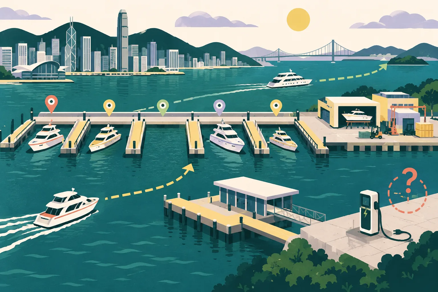 Flat cut-paper illustration of a harbour edge with five berthing bays, simplified yachts, a public pier, directional water routes, an electronic monitoring grid and a separate unconnected charging point.
