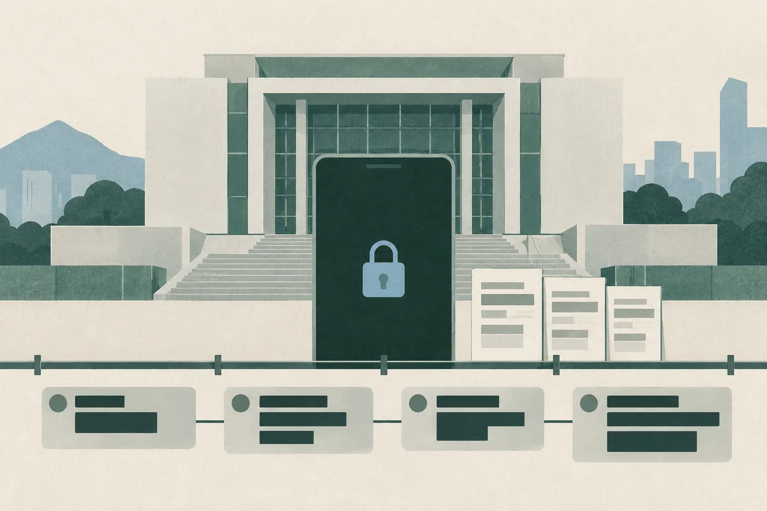 A restrained cut-paper collage shows a simplified civic courthouse behind a sealed dark device panel, connected to blank redacted message tiles by thin lines and separated by a low boundary.