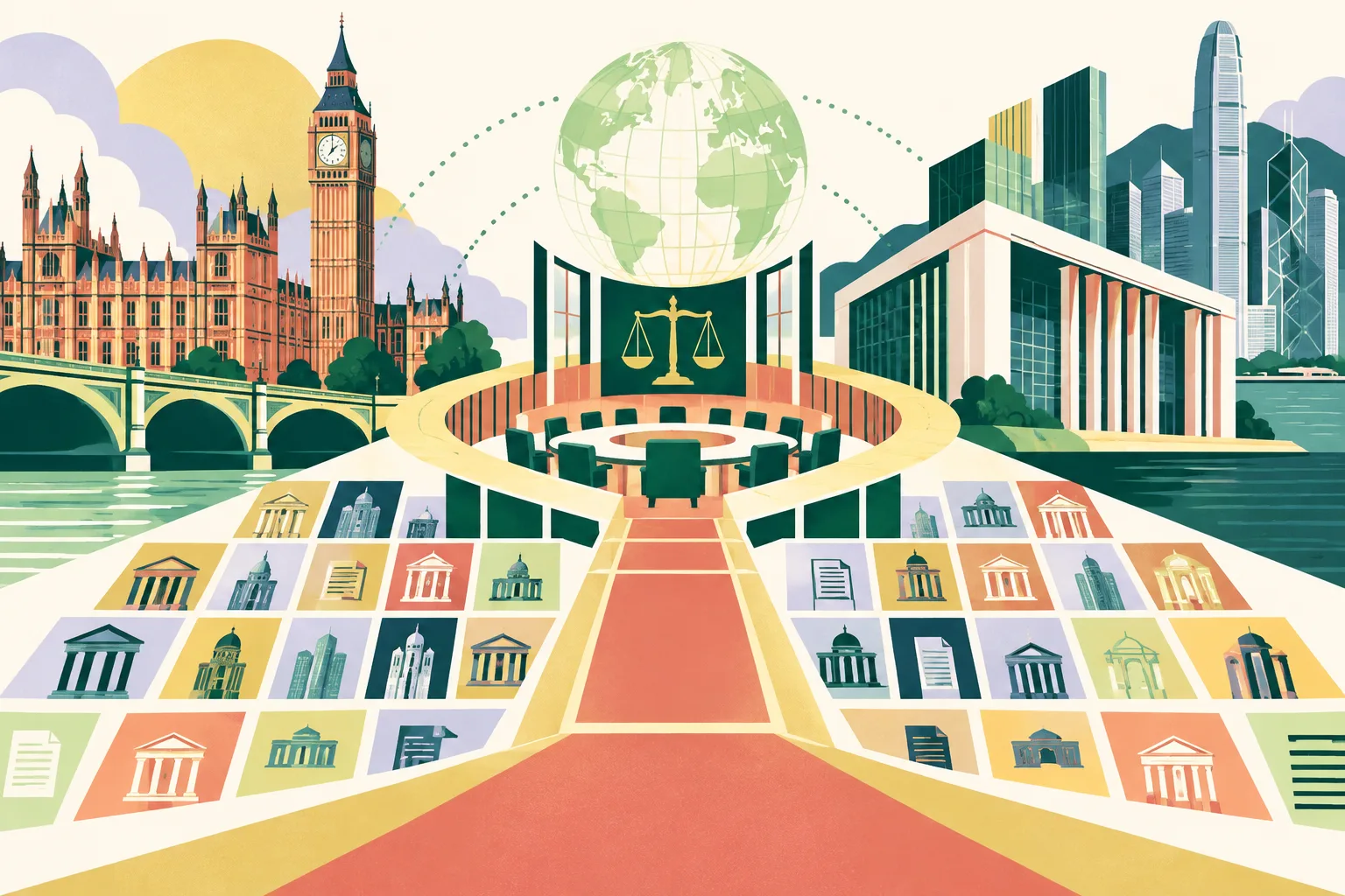 A flat cut-paper collage pairs a simplified Westminster landmark with a Hong Kong civic legal building, connected by geometric pathways and an abstract arbitration table, with modular tiles suggesting international legal cooperation.