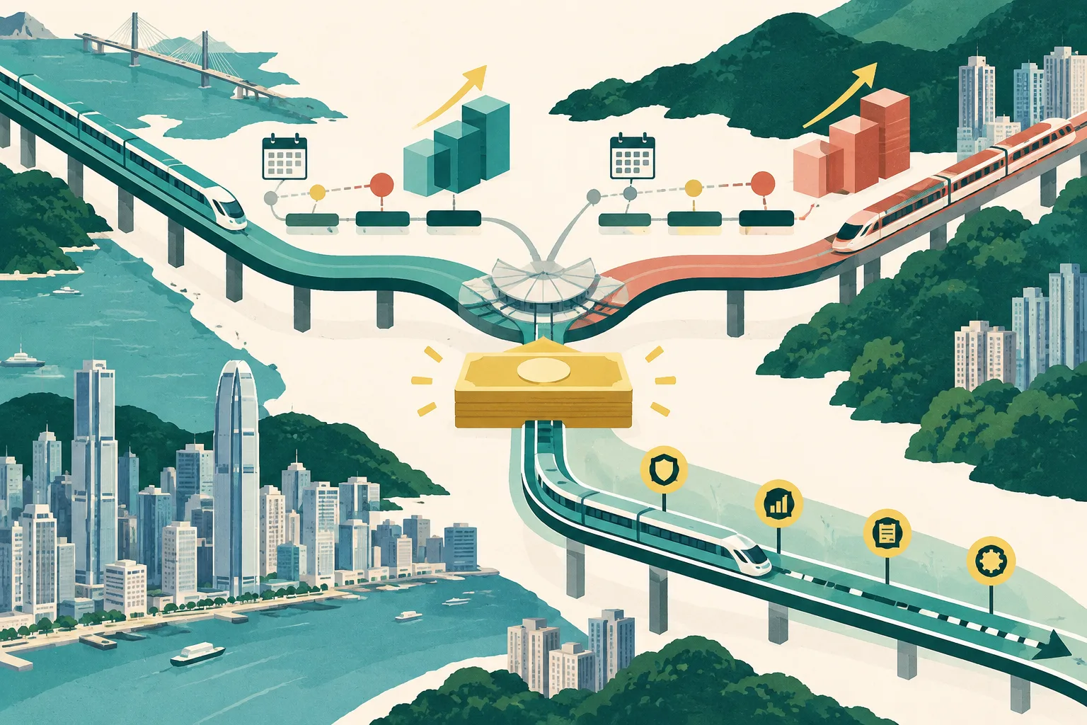 A cut-paper style diagram shows two coloured railway routes with staggered timeline marks and stepped cost blocks converging at a central settlement junction. A large payment tile sits beside the junction, while a monitored forward route represents risk controls for future rail projects.