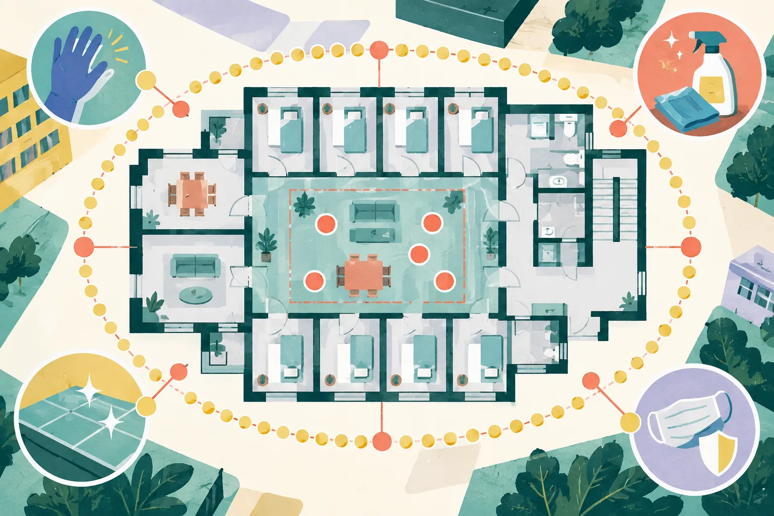 A top-down cut-paper diagram of a care-home floor with five highlighted carrier markers, a surrounding ring of contact-monitoring dots, and separate symbols for hand hygiene, surface disinfection, protective equipment and grouped care areas.