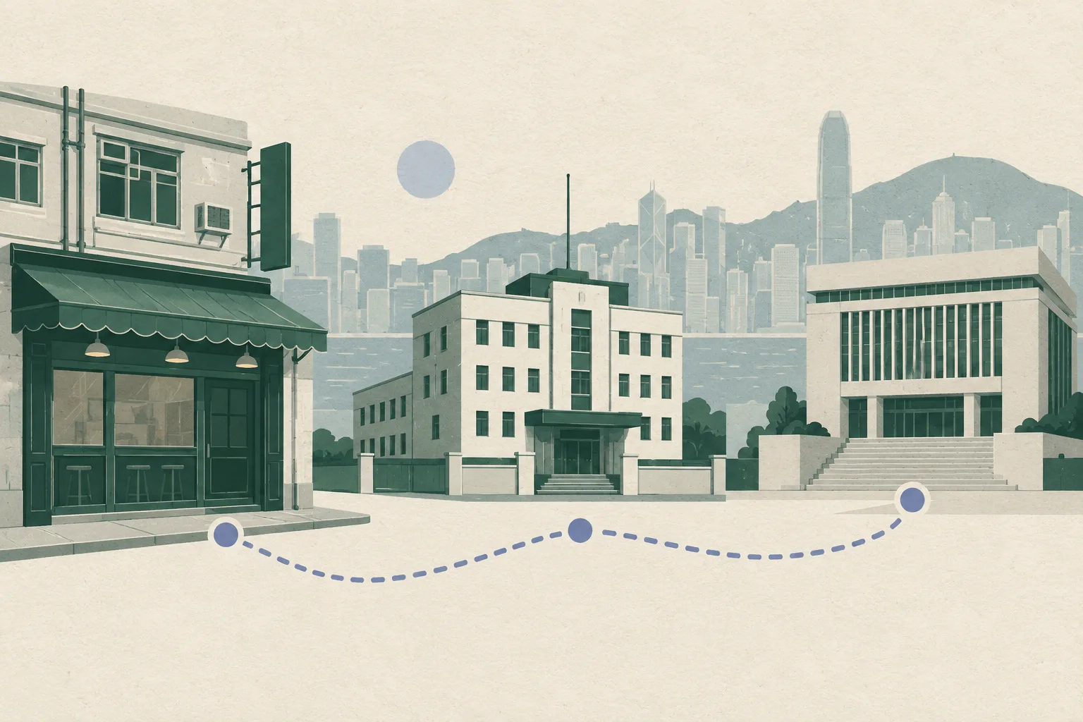 An empty flat illustration of a Hong Kong street frontage, a civic police-station block and a separate courthouse block connected by an interrupted dotted route, using muted teal, mineral blue and soft grey shapes.