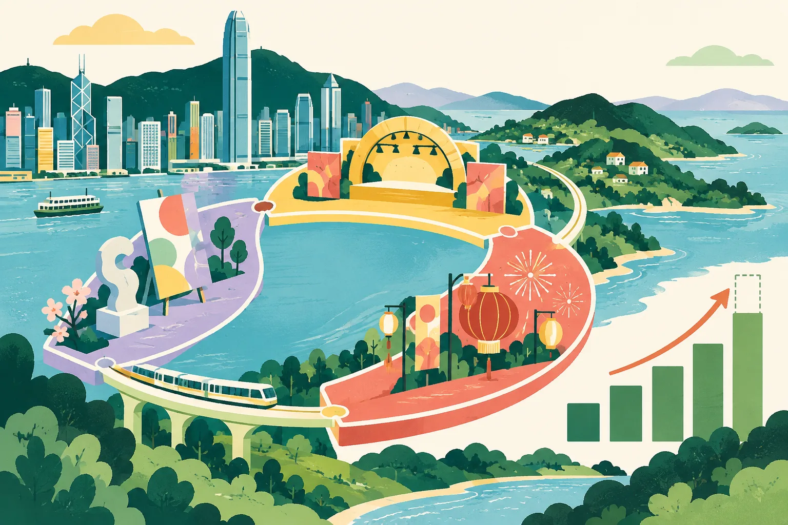 A cut-paper planning diagram of Hong Kong, with a simplified skyline connected to a green countryside ridge by a looping route. Three colourful seasonal blocks and abstract event markers surround a measured five-step progression.
