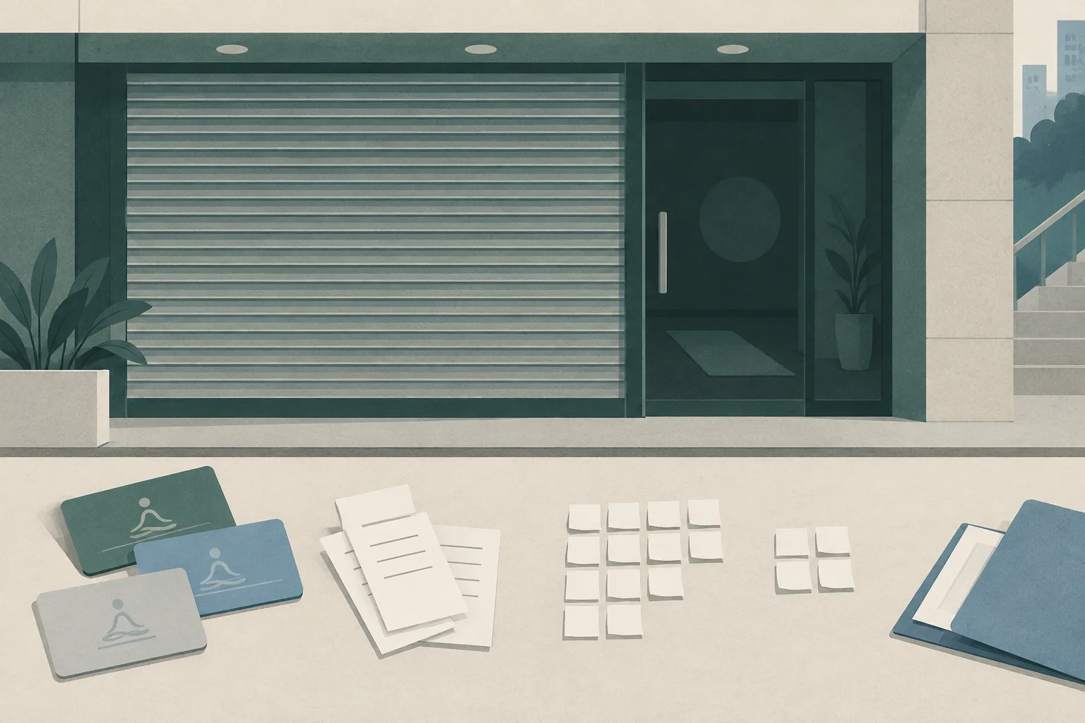 Flat cut-paper illustration of a closed yoga studio storefront with a lowered shutter, blank prepaid cards and complaint slips outside, separated paper clusters, and an open document folder suggesting an ongoing investigation.