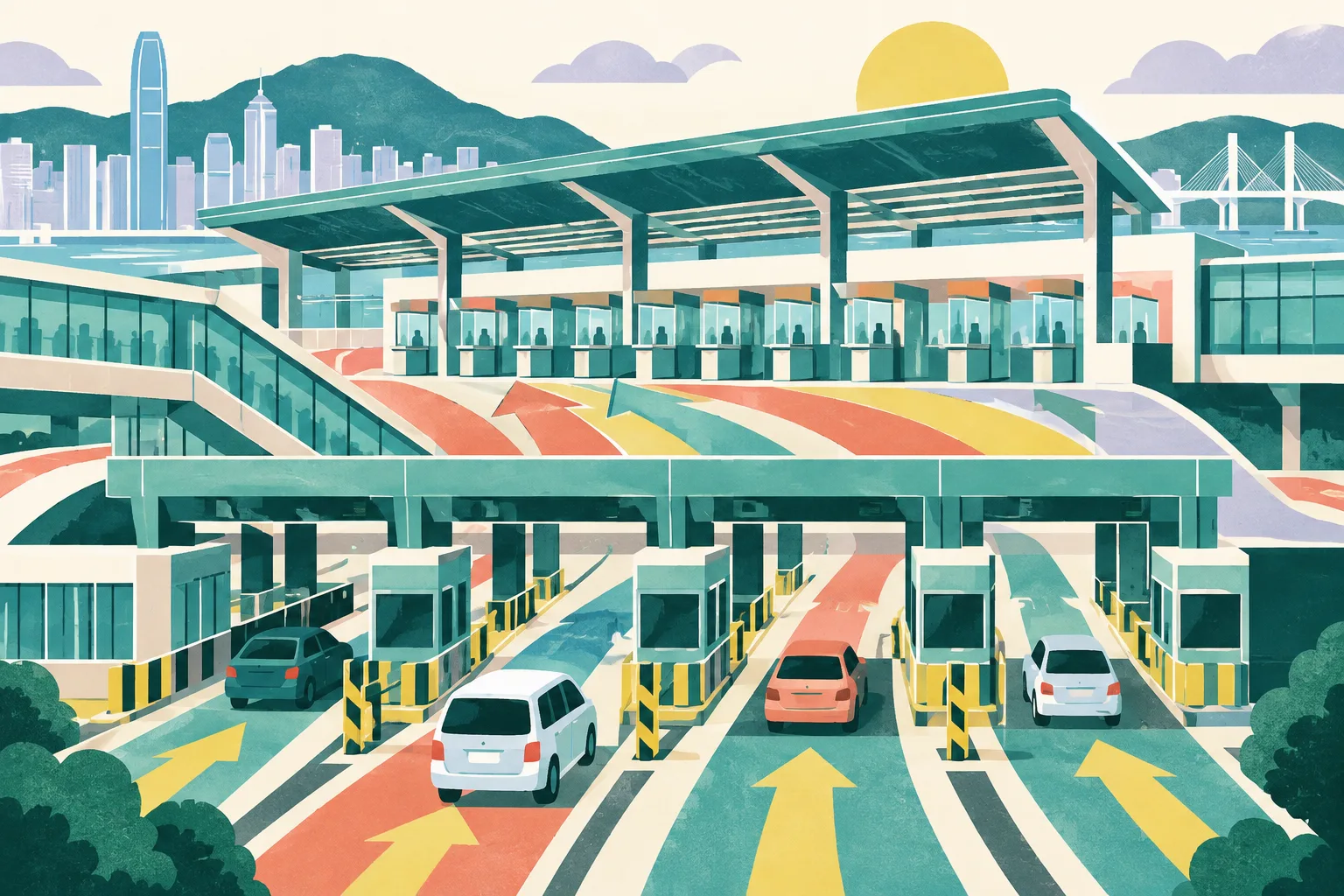 A stylized cut-paper illustration of a Hong Kong land boundary control point, showing inspection counters, vehicle-checking booths, marked lanes and abstract travel-flow bands in dusty teal, coral, ochre and blue.