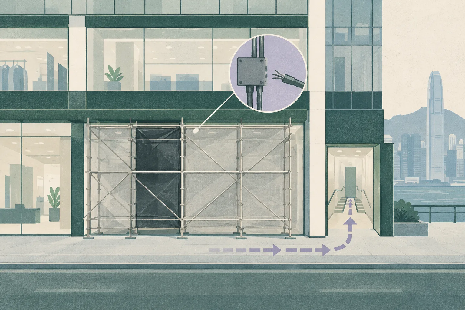 Flat illustration of a Central shopping arcade facade with renovation scaffolding, one darkened scaffold bay, a separated electrical cable motif, and a simple evacuation route leading toward an exterior safe zone.