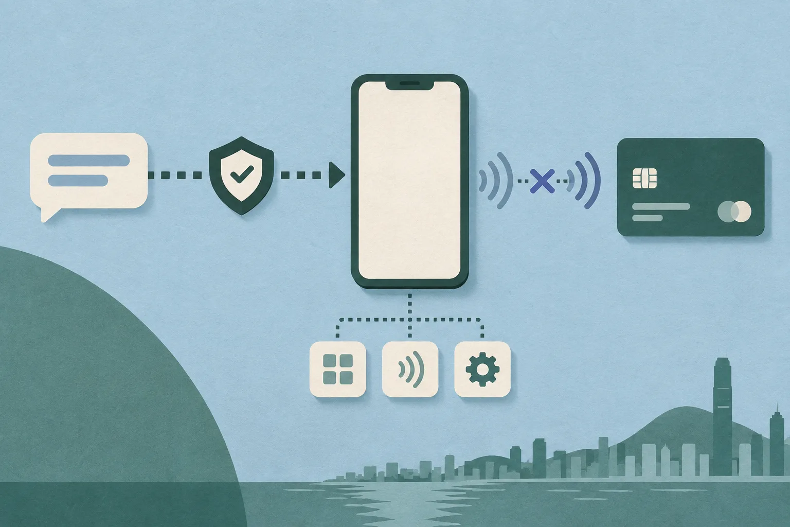 Top-down cut-paper diagram of a smartphone, a payment card and broken contactless signal separated by a geometric caution barrier, with an abstract message tile approaching along a segmented path.