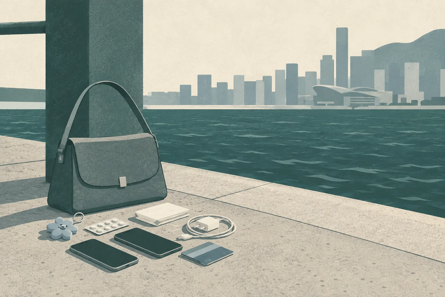 A closed handbag and simplified personal items rest beside a geometric pier edge, with a muted blue strip of sea in the background.