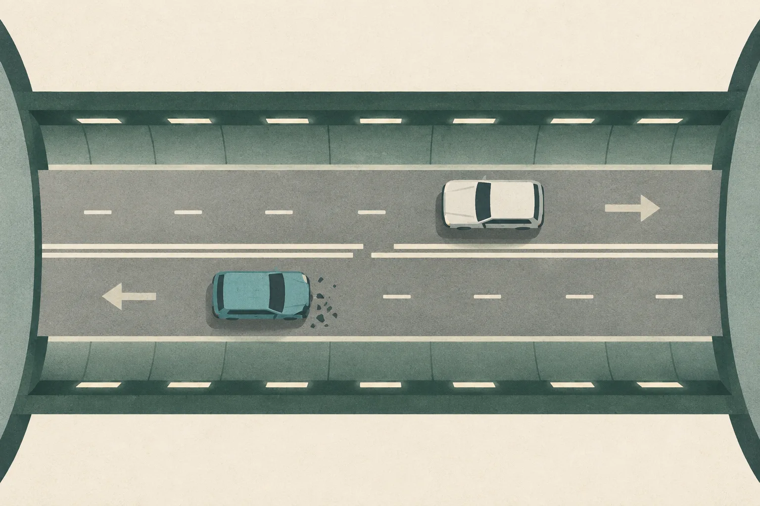 Top-down cut-paper diagram of an enclosed tunnel roadway carrying traffic in both directions, with a central lane boundary, simplified stopped vehicles, and a small area of road debris.