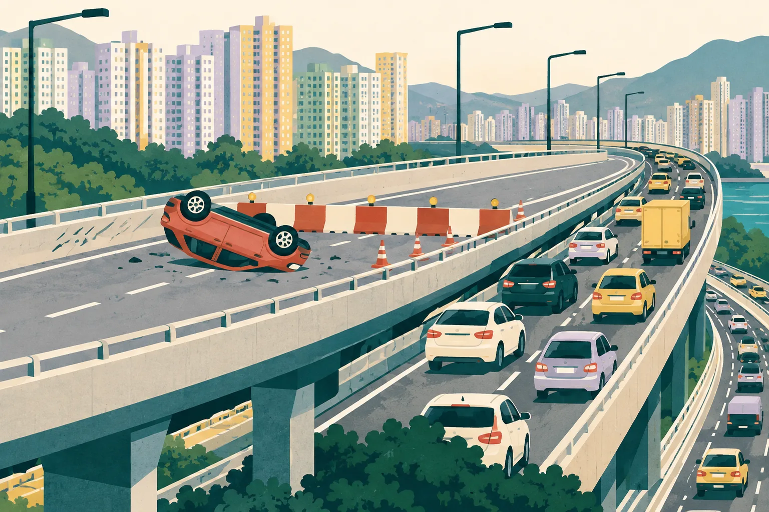 Cut-paper illustration of an elevated Hong Kong road with one upside-down private car, closed lanes, a roadside barrier, and simplified traffic streams diverting around the flyover.