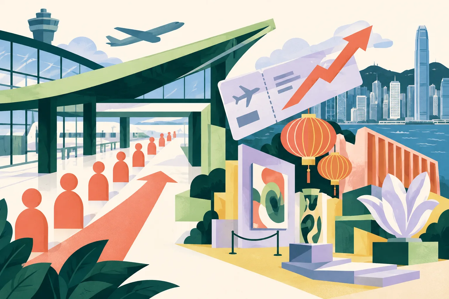 A cut-paper illustration of a Hong Kong tourism gateway with rising abstract visitor markers, an angled ticket with an upward price symbol, and colorful creative objects and lantern forms arranged beside the entrance.