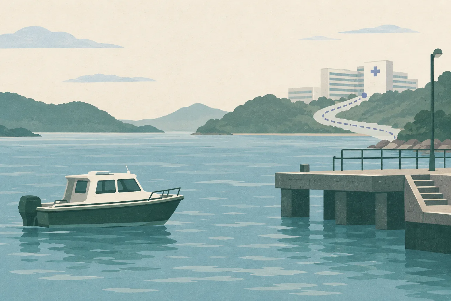 A quiet cut-paper illustration shows an empty rescue boat beside a simplified Tai Po shoreline, a small pier, and a distant hospital block connected by a thin route line.