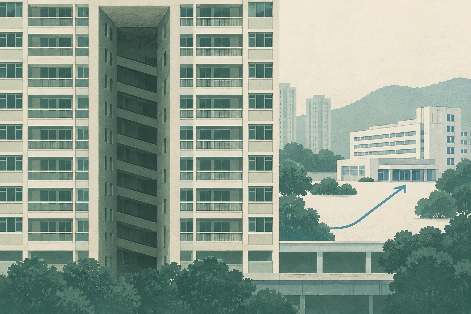A restrained cut-paper illustration of a residential estate facade with an empty recessed light well, linked by a fine line to a small hospital building in the distance.