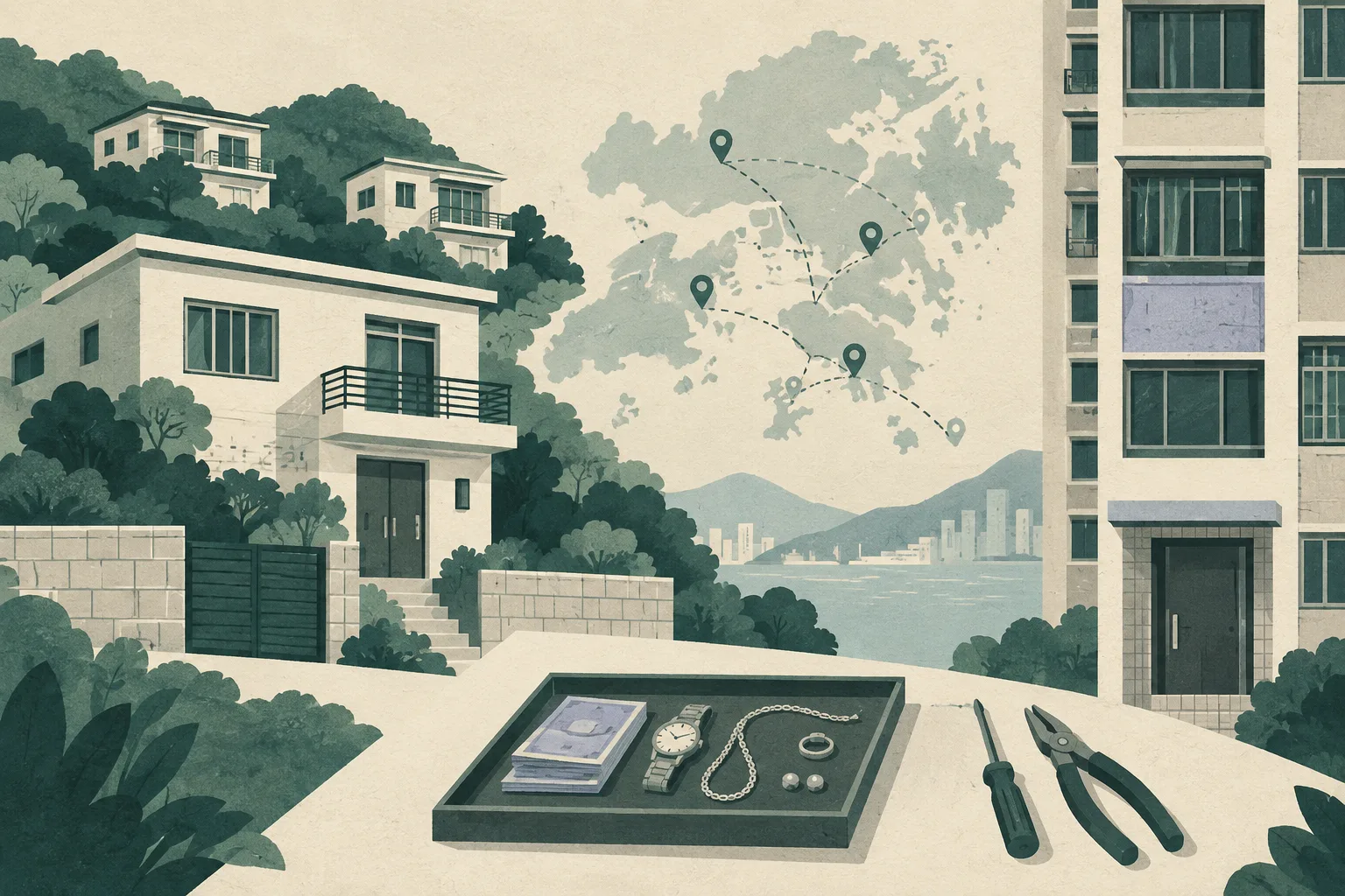 A subdued cut-paper illustration of secluded detached homes beside a compact apartment facade, with closed windows, boundary lines, hillside shapes, and a small tray of abstract recovered valuables and tools.