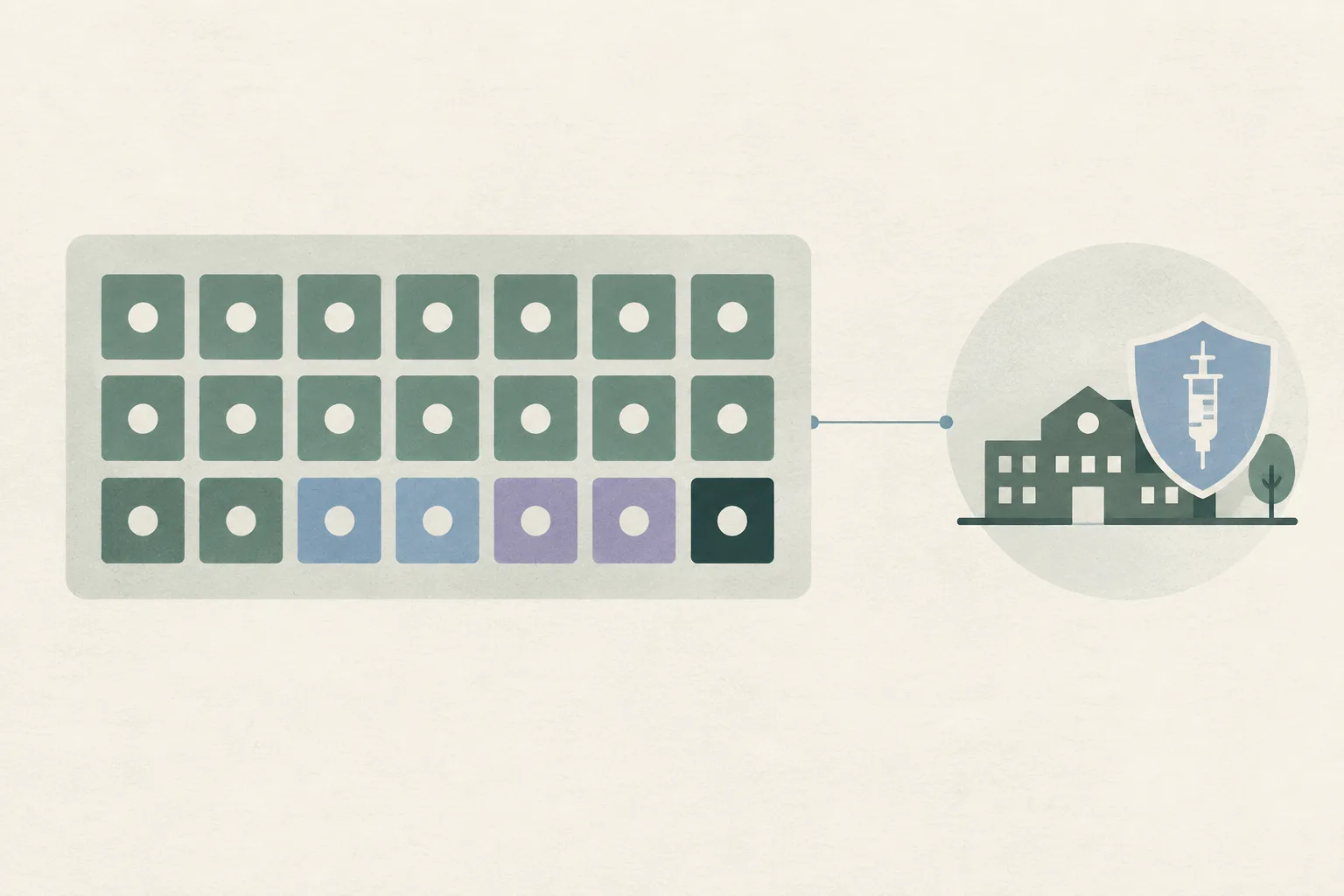 A sparse top-down diagram uses muted blue geometric tiles to show a reported group of serious influenza cases, with separate shapes indicating recovery, ongoing conditions and one isolated outcome, beside a simple school vaccination outreach symbol.