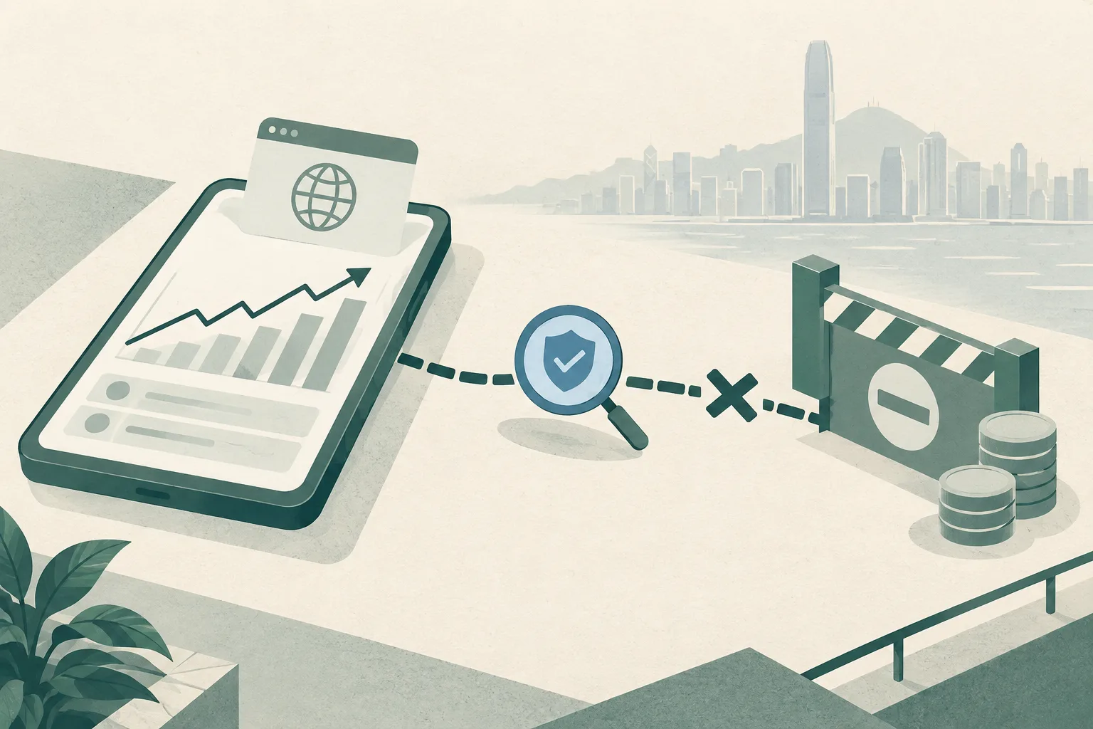 A simplified smartphone-like panel shows an apparently rising investment chart, while a broken transfer path ends at a closed withdrawal gate beside a small verification symbol.