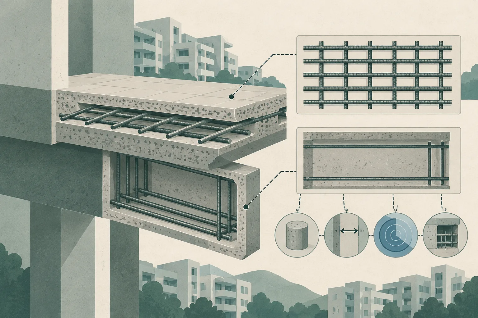 An abstract cutaway diagram compares two layers of a residential floor structure: an approved reinforcement plan with evenly spaced bars and a separate incomplete reinforcement pattern beside a supporting beam. Small geometric inspection markers surround the structure.