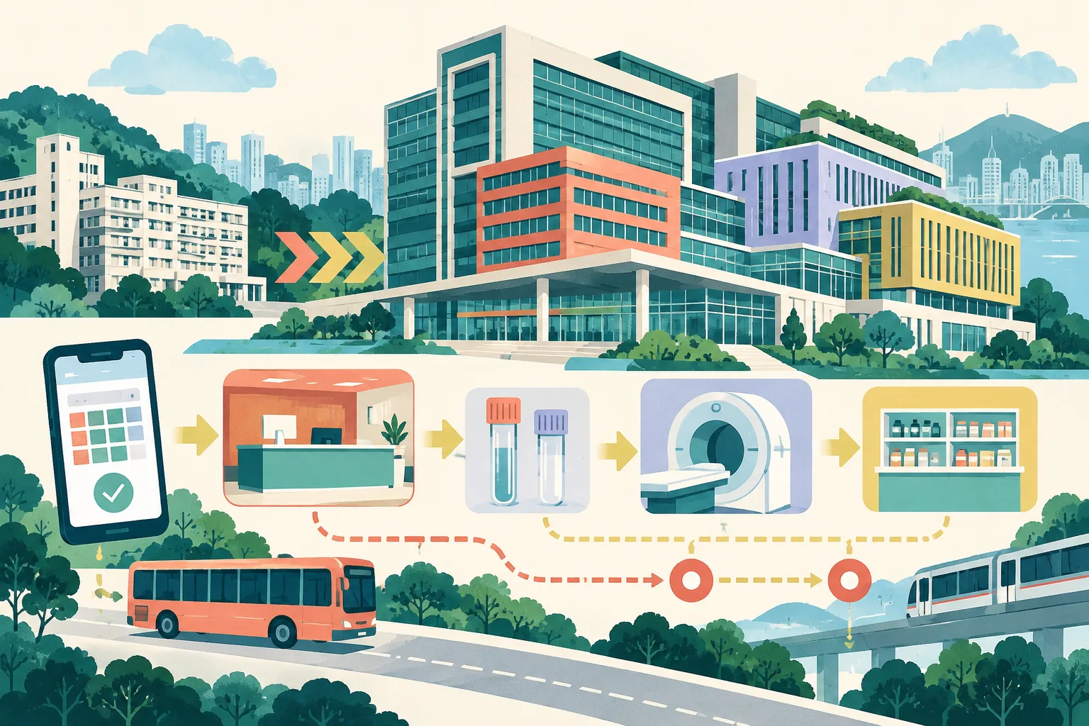 A cut-paper architectural collage shows a new hospital complex assembled in connected stages, with abstract outpatient, diagnostic, pharmacy, booking and transit elements linked by colourful geometric pathways.