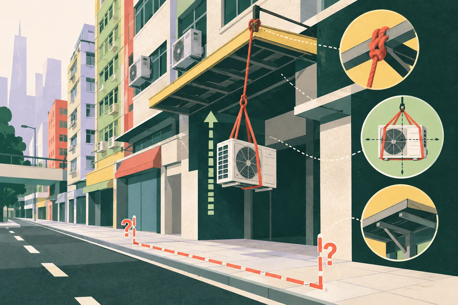 A cut-paper style diagram shows a simplified urban building facade and awning above a road and footpath, with a large air-conditioning unit suspended on ropes between street level and the platform. An interrupted boundary line below the load represents uncertainty about access controls.