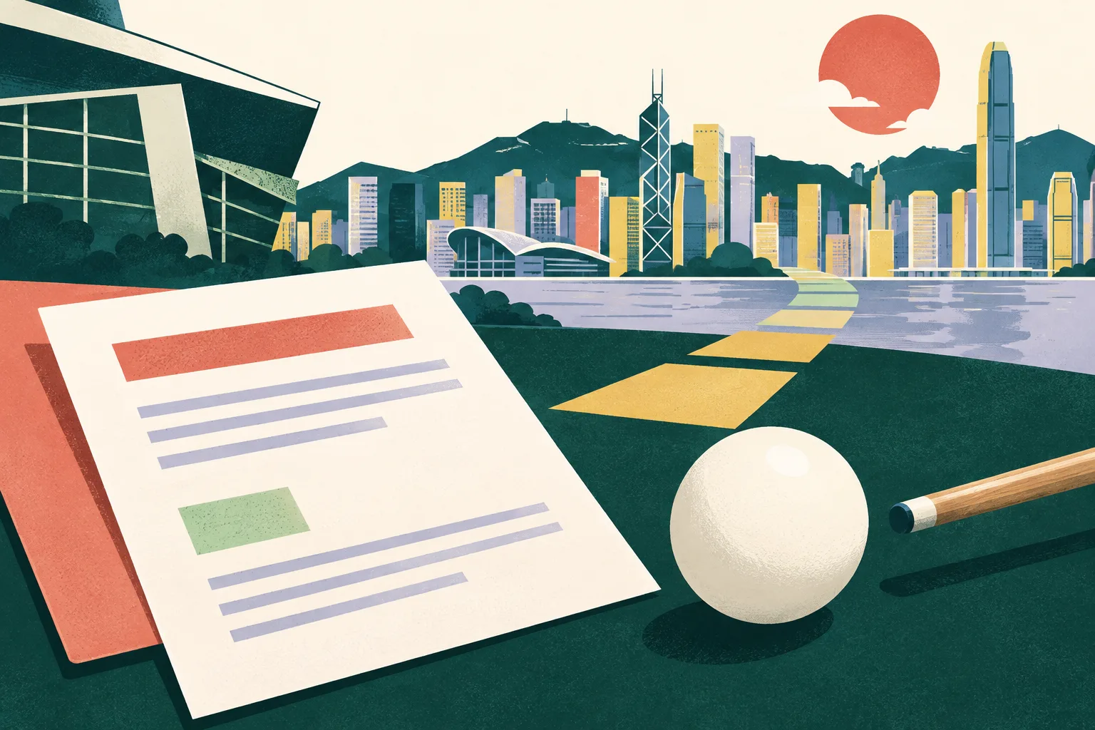 A stylised residency application receipt sits beside a white snooker cue ball and cue, with simplified Hong Kong city blocks arranged behind them in coral, blue, ochre and teal.