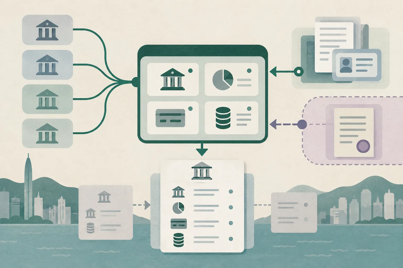 Abstract diagram of a secure central account information hub receiving document-check pathways and connecting to four tiles for trustee, scheme, account number and balance, with no people or readable text shown.