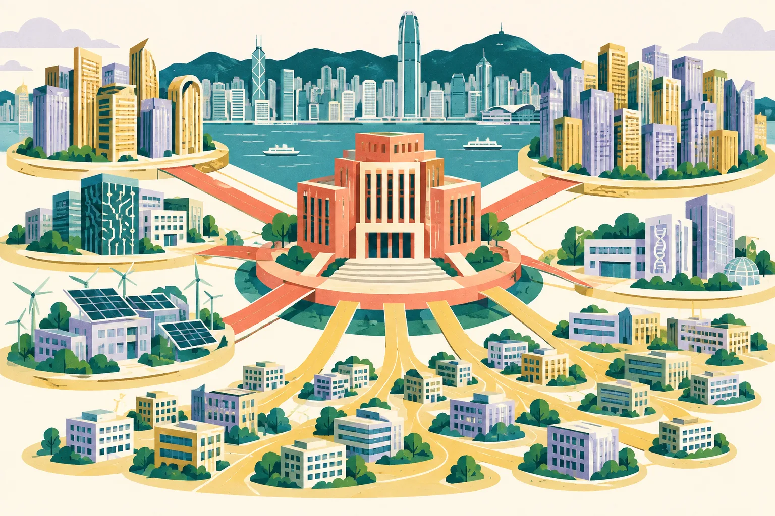 A cut-paper architectural collage shows a central civic investment hub connected by broad colored routes to many simplified enterprise buildings, including listing towers and abstract technology, energy and life-science structures.