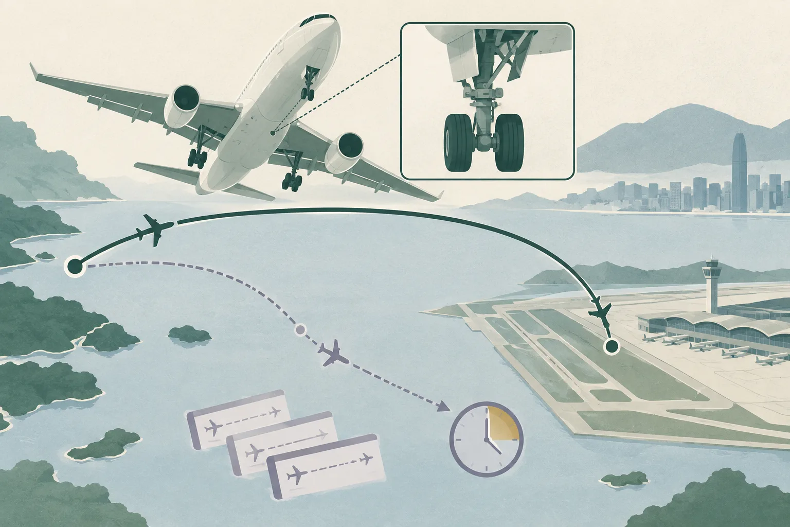 A simplified passenger aircraft with its landing gear extended follows a looping route back to a flat airport terminal, while an inspection frame and alternative route cards suggest a safety check and travel delay.