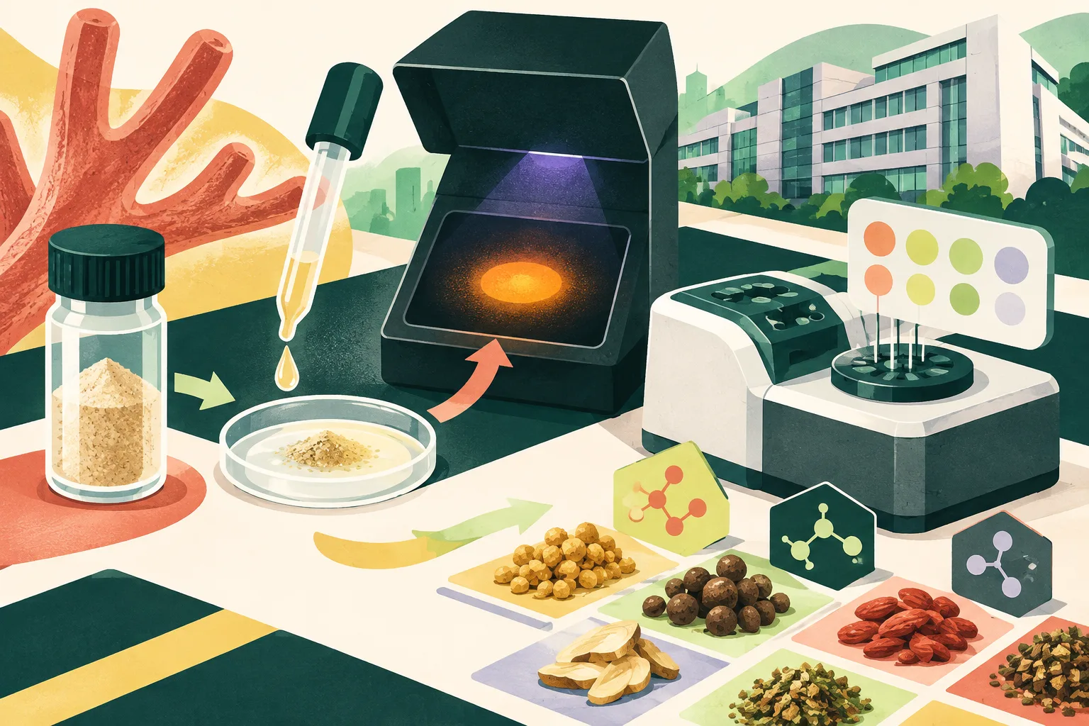 Cut-paper laboratory still life with a powdered sample vial, extraction dropper, ultraviolet panel glowing orange, herbal granules, chemical-marker tiles and a compact electronic sensory-analysis device, set against a simplified laboratory building form.