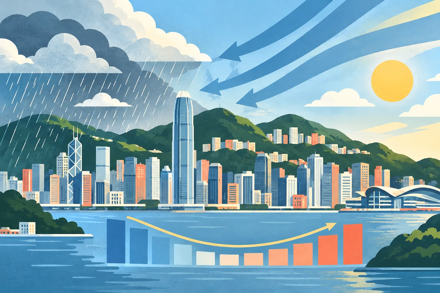 A cut-paper Hong Kong coastal skyline and inland hills transition from light cloud and showers to clear dry air, crossed by cool northeast wind bands and abstract temperature bars.