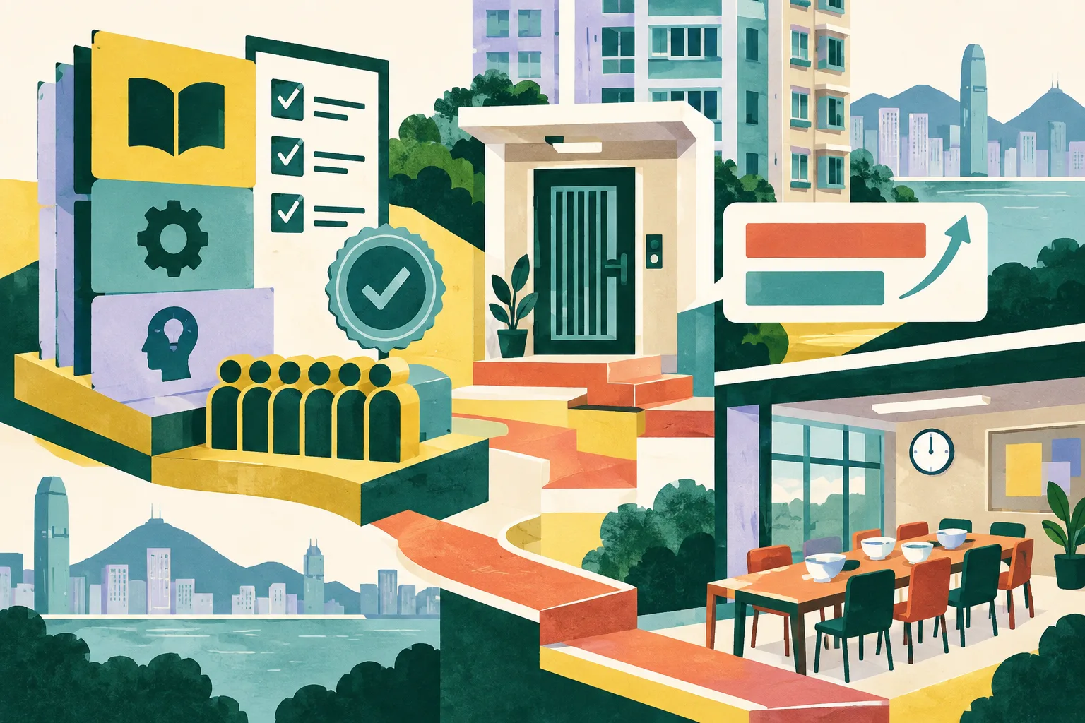 A cut-paper civic collage shows a modular training hub connected by stepped blocks to a Hong Kong apartment doorway and a community dining room with a shared table. Abstract cards, a clock and a modest two-bar comparison mark the proposed training, respite and pay elements.