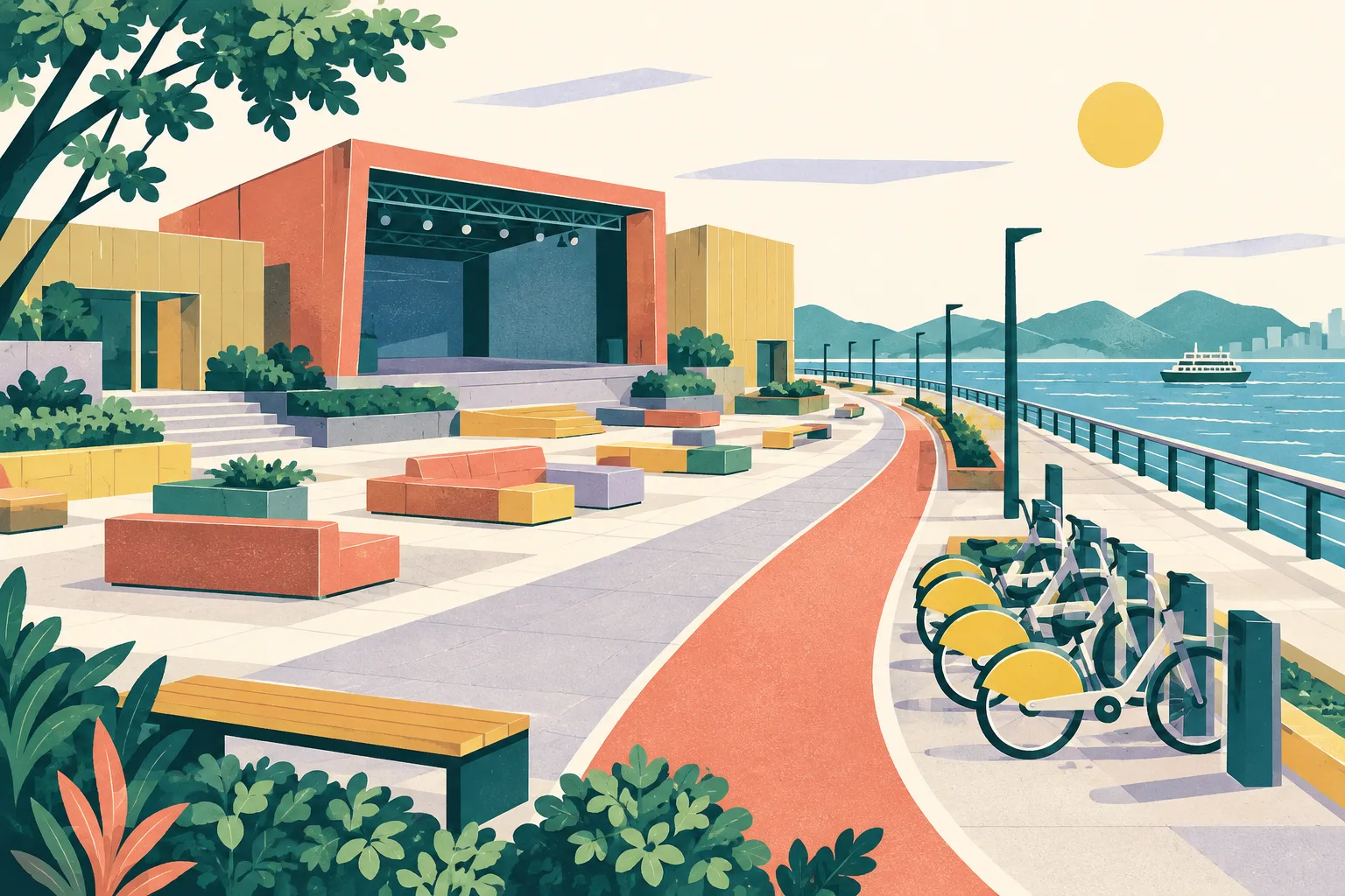 Cut-paper illustration of a phased waterfront activity space with a promenade, outdoor seating area, jogging path, shared-bicycle rack, modular stage and open harbour edge in coral, blue, teal and ochre shapes.