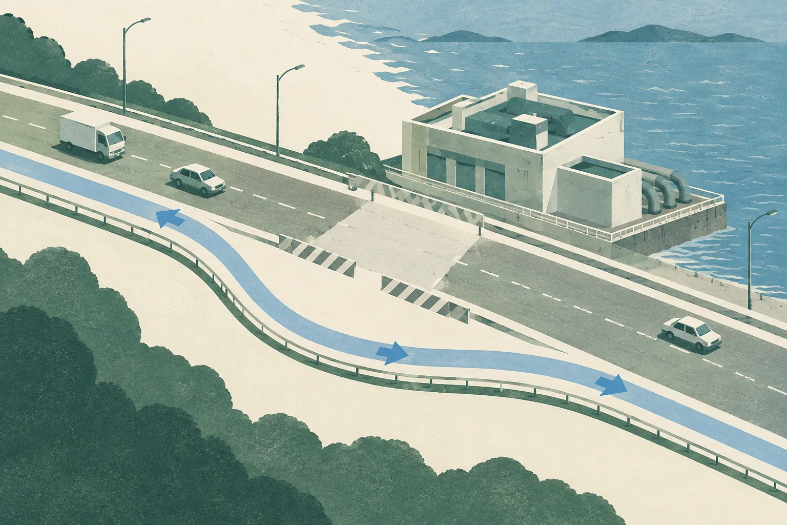An abstract road map shows a divided route interrupted near a simple pumping-station block, with curved diversion paths guiding small intact vehicle shapes around the closure.