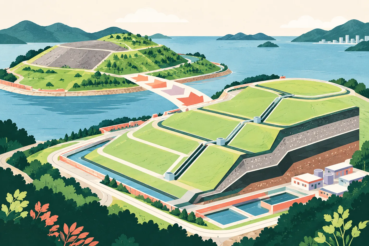Cut-paper illustration of two adjacent engineered landfill landforms, showing a newer terraced extension with layered ground and blue-green drainage channels beside an older capped mound beginning to turn green.