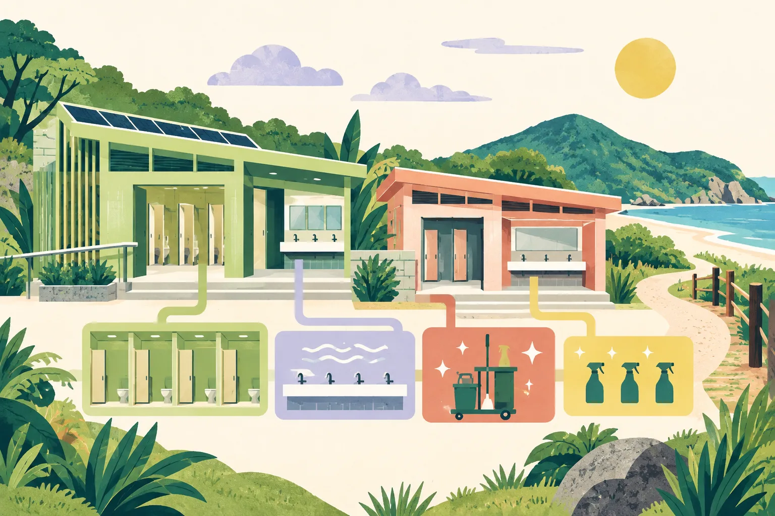 A cut-paper style illustration shows two adjacent public toilet buildings at the edge of a green country-park hillside, with the newer unit marked by clean geometric panels, repeated facility bays, water-ripple shapes and orderly maintenance motifs in lime, blue, coral and ochre.