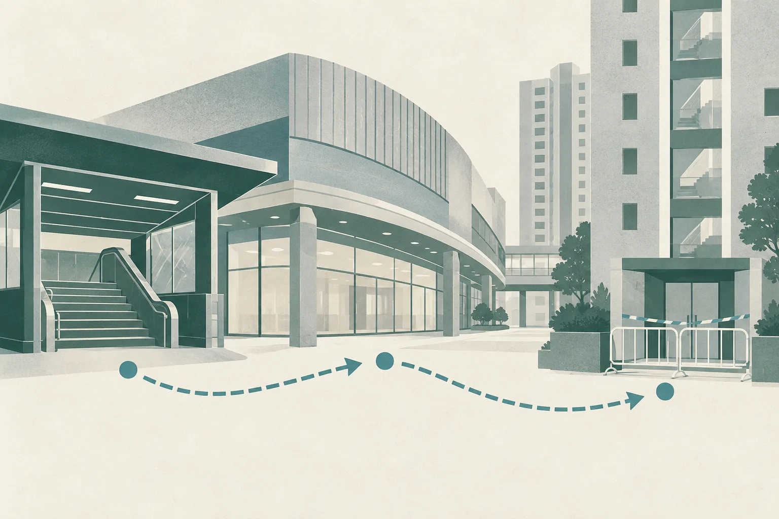 A people-free cut-paper collage connects a transit entrance, a shopping-centre facade and a residential tower through a broken route line, with a temporary barrier and closed doorway interrupting the path.