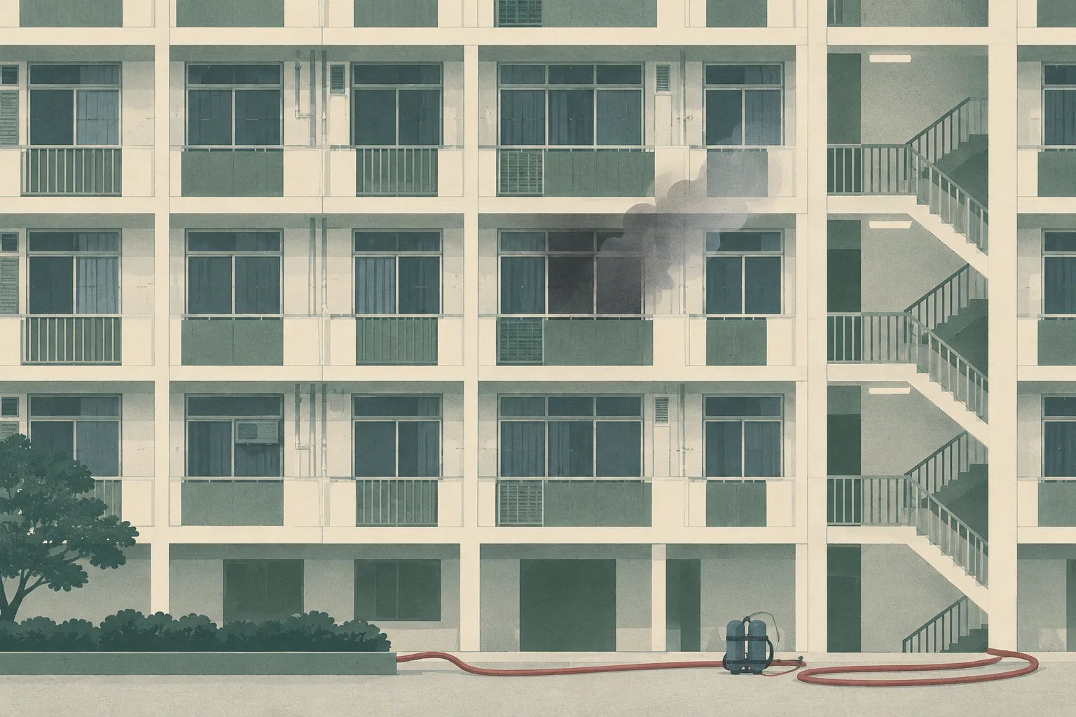 Flat illustration of a Hong Kong residential tower with one softly darkened apartment, an empty evacuation route, and a single fire hose with breathing equipment arranged below.