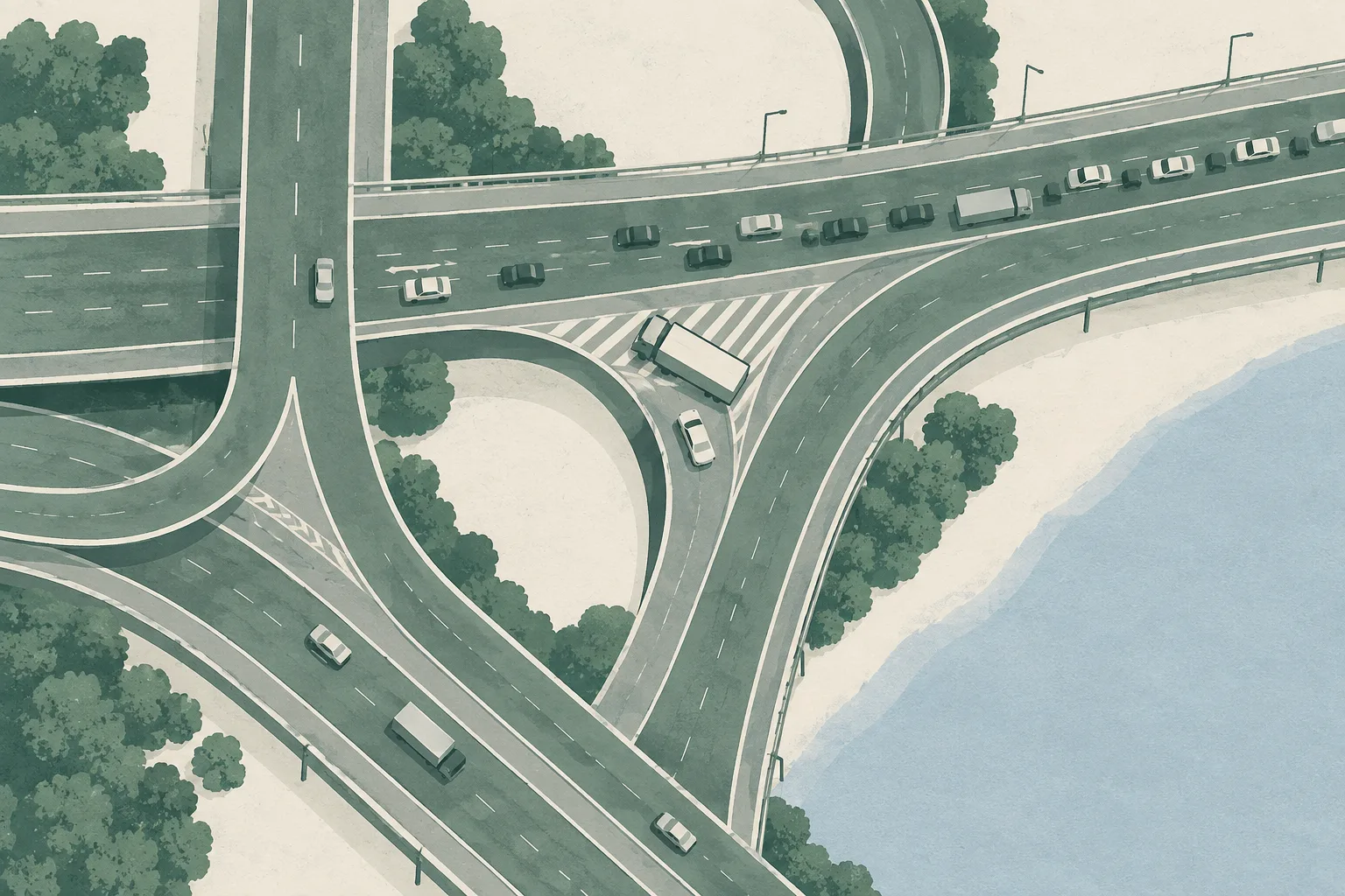 Top-down cut-paper diagram of a road interchange after a crash, showing a tilted truck form, a separate car form, partially blocked lanes and a long traffic queue extending beyond the junction.