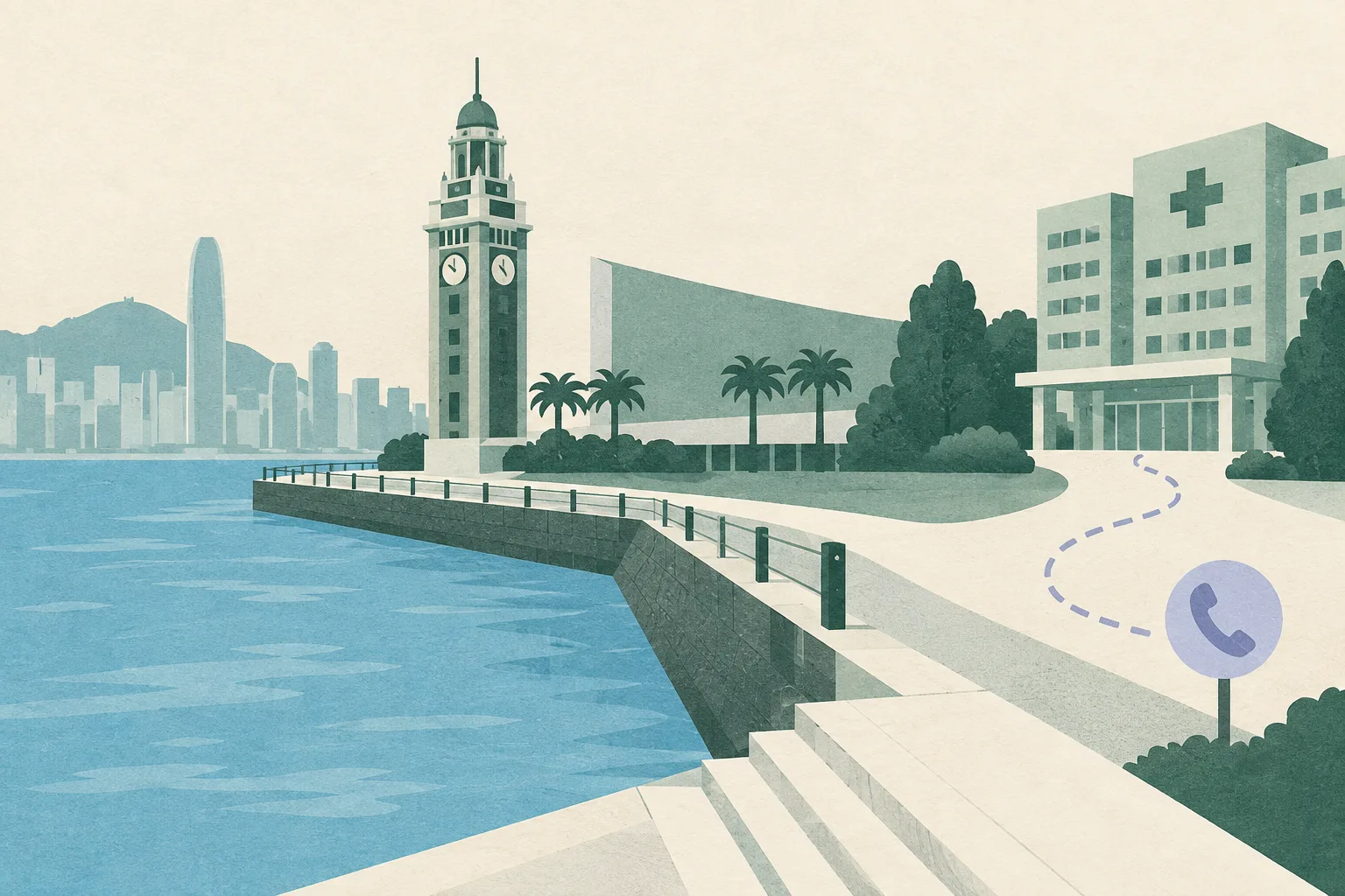 A flat architectural collage of a simplified waterfront clock tower, a broad blue sea shape, a seawall boundary and a separate hospital block connected by a quiet interrupted route line.
