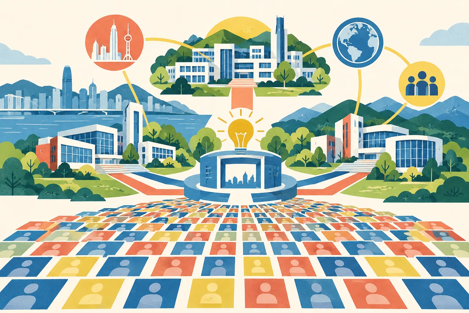 A cut-paper architectural collage shows three colorful campus clusters connected by geometric pathways to a shared civic hub, with a repeating grid of tiles suggesting a large employment and internship programme.