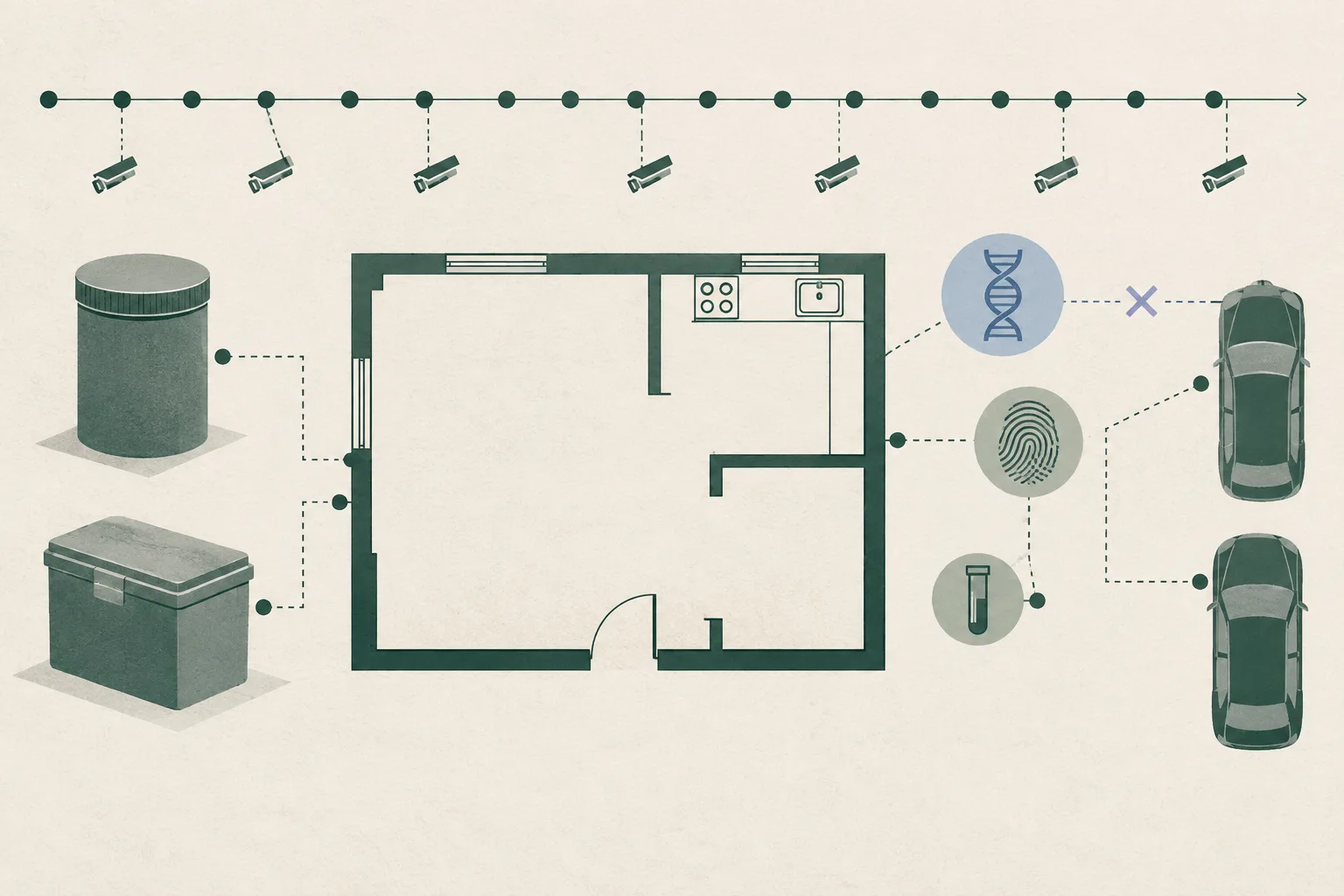 An abstract evidence map shows an empty apartment outline, two closed neutral containers, a row of CCTV timeline markers, forensic sample symbols and an interrupted custody line in muted blue, ochre and grey.