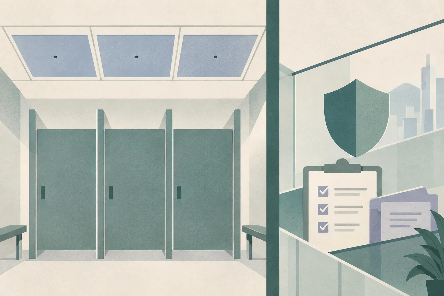 A flat cut-paper architectural illustration shows three changing-room ceiling panels with small sealed apertures, an inspection grid, and boundary lines leading toward an abstract privacy review area in muted blue, teal, ochre, and lavender.