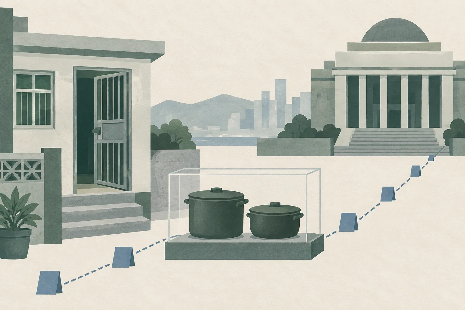 A restrained cut-paper illustration of a village-house doorway, two closed opaque cooking pots behind a clear boundary, and evidence markers leading toward a simplified courthouse form.