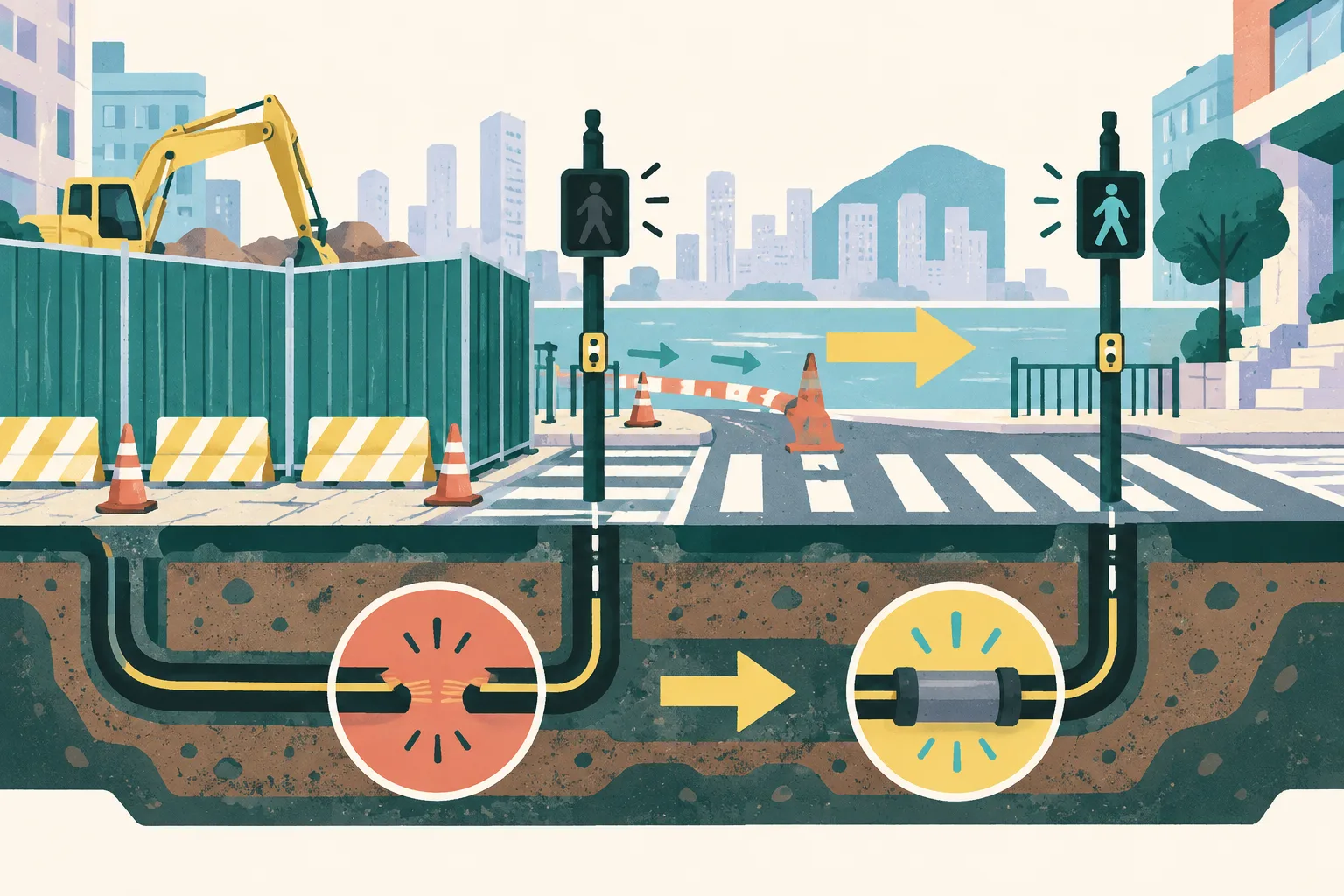 Flat graphic collage of a fenced construction area beside a road, showing an underground cable with a small interrupted section leading to a pedestrian crossing signal, a diverted traffic path, and a repaired cable connection.