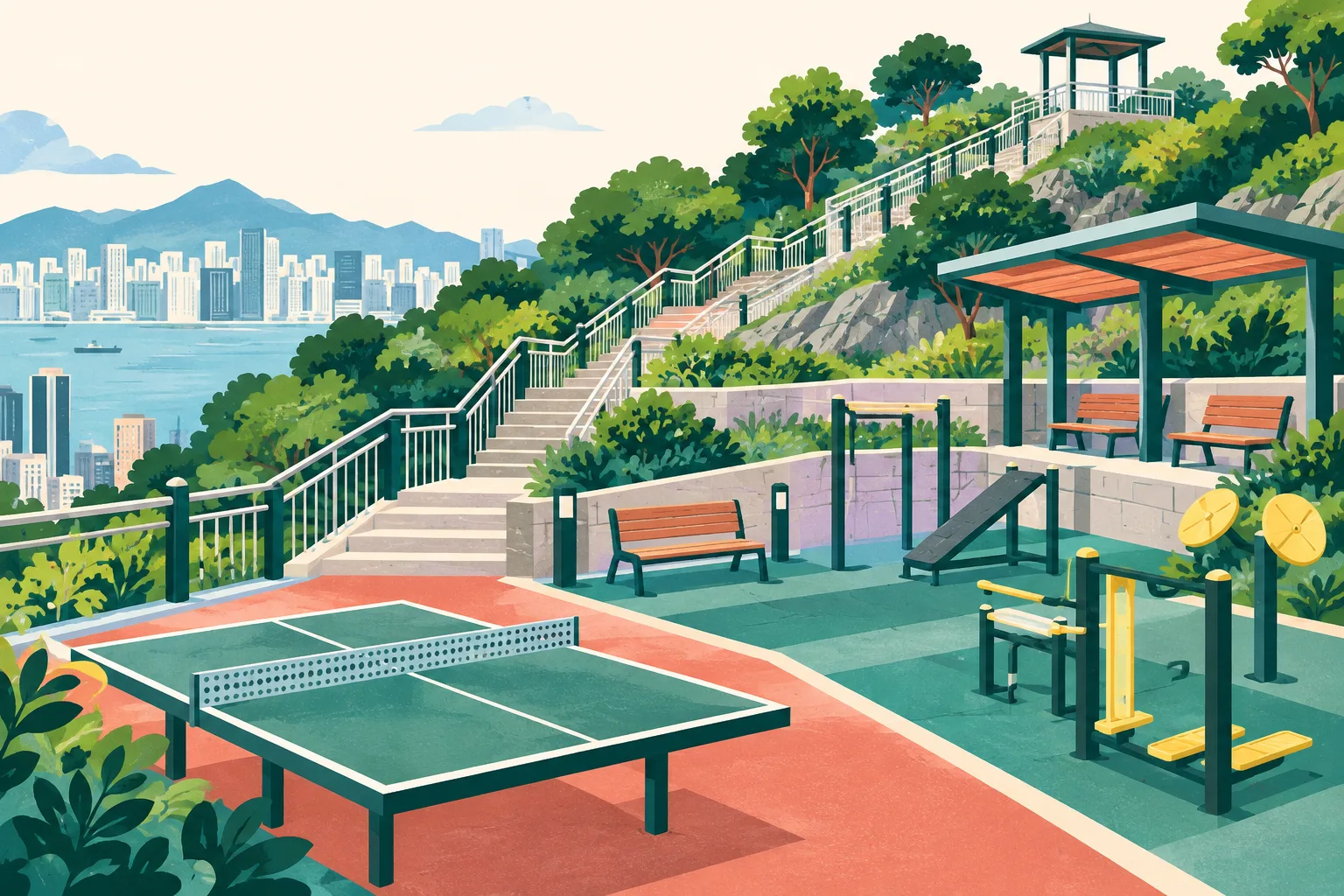 Flat cut-paper illustration of an upgraded hillside recreation area, with a sloping path, table-tennis table, fitness equipment on safety mats, railings, a shelter and benches arranged in a clean architectural collage.